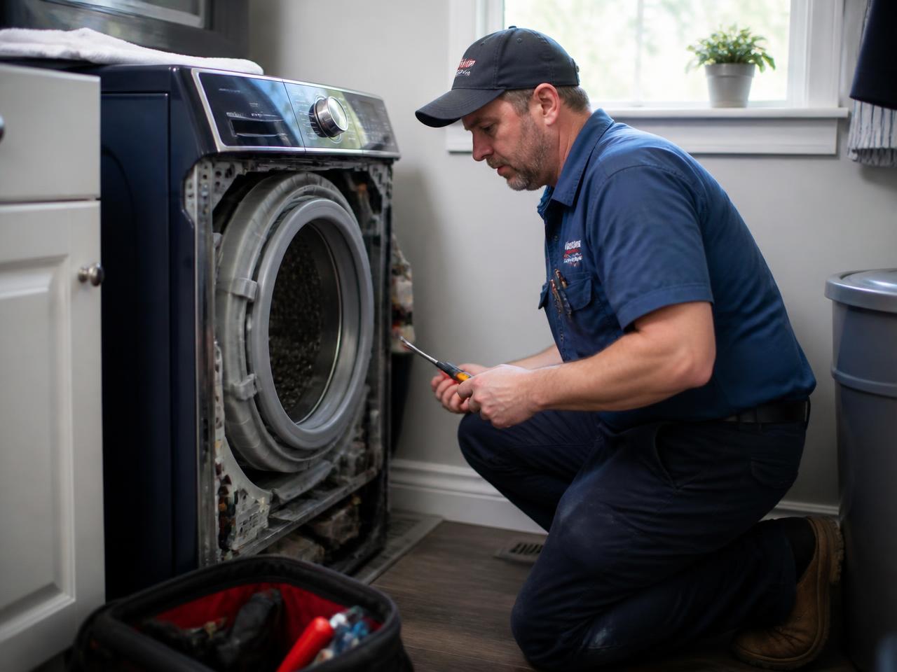 Professional technician repairing a washing machine in a Colorado Springs home.